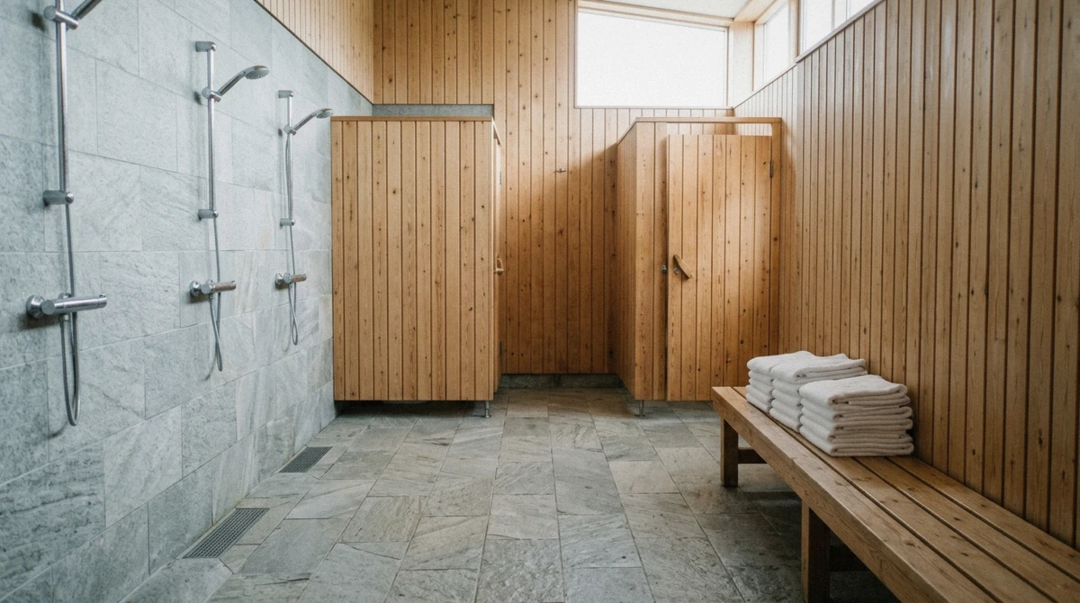 Changing room showers and semi-private stalls at an Icelandic geothermal bath, where children shower before entering