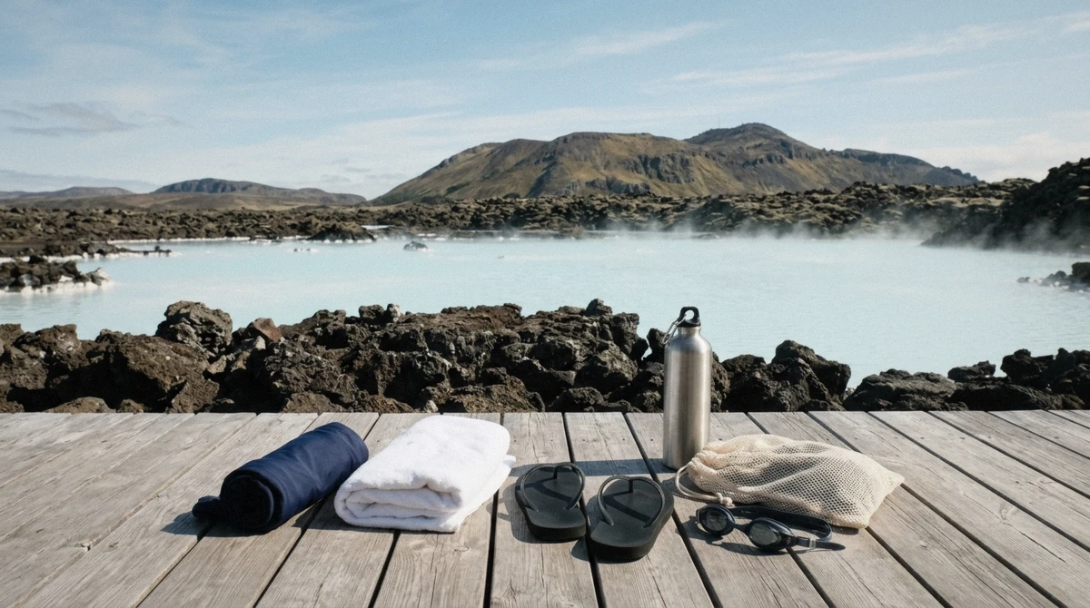 Towel, swimsuit, flip-flops and a water bottle laid out on decking beside an Icelandic geothermal lagoon