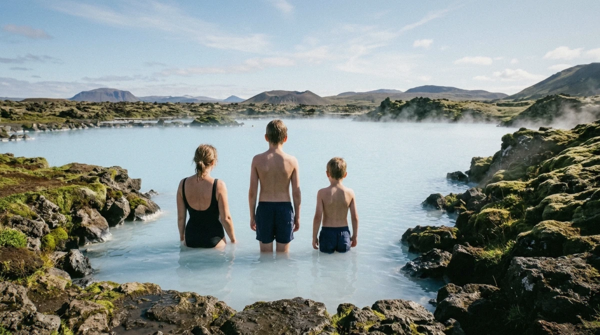 A child standing at the edge of a geothermal lagoon pool in Iceland, illustrating which Iceland lagoons with kids allow children in the water