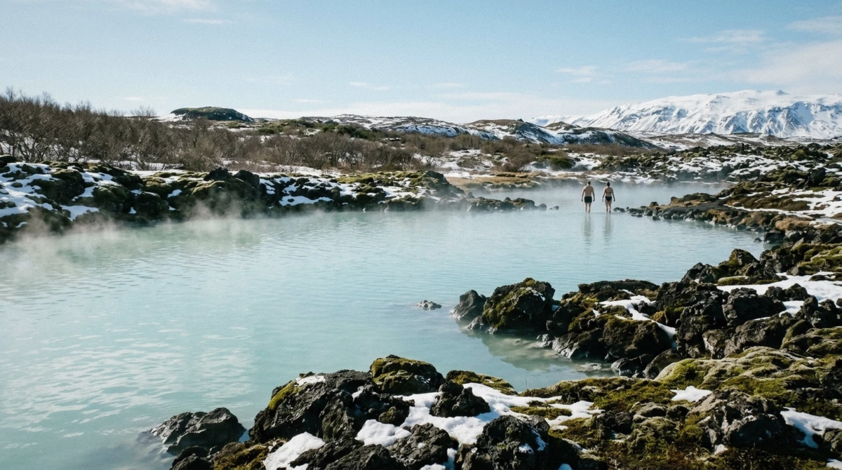 Steam rising off the Laugarás Lagoon water on a cold, clear evening, showing the best time to visit Laugarás Lagoon in the darker months