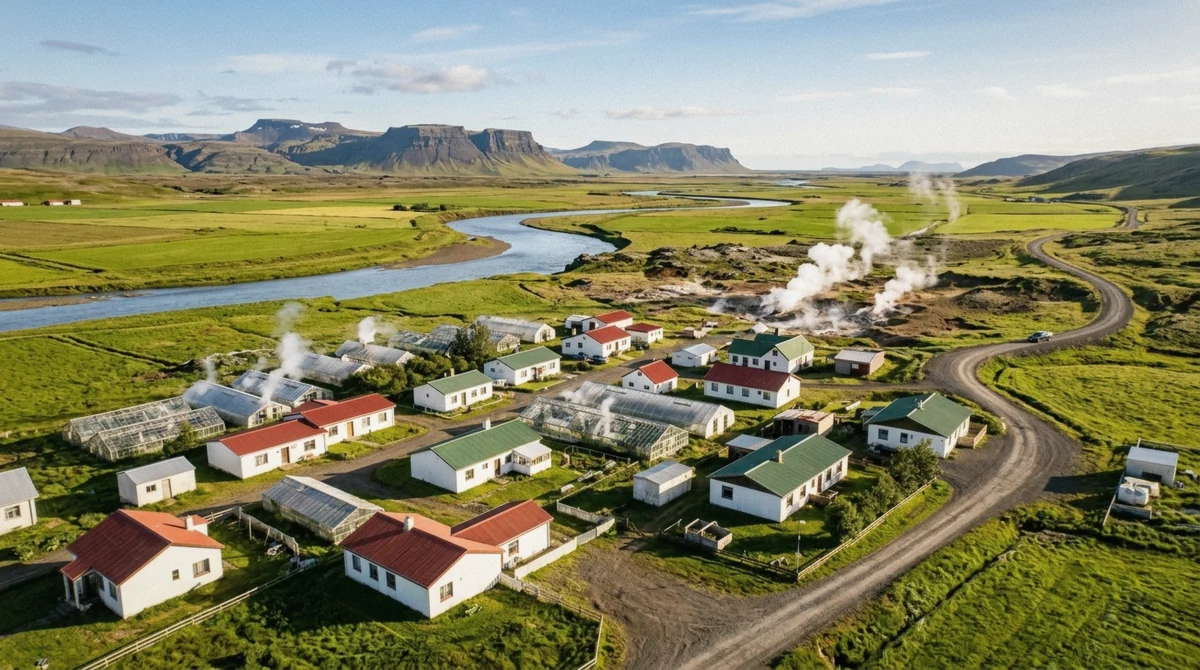 Geothermal greenhouses steaming beside a South Iceland village near Laugarás Lagoon on a sunny evening