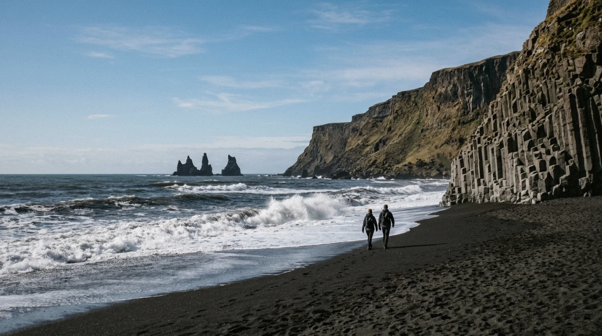 Basalt columns and black sand at Reynisfjara on the south coast, visited on day two of the Iceland 3 day wellness tour before Sky Lagoon
