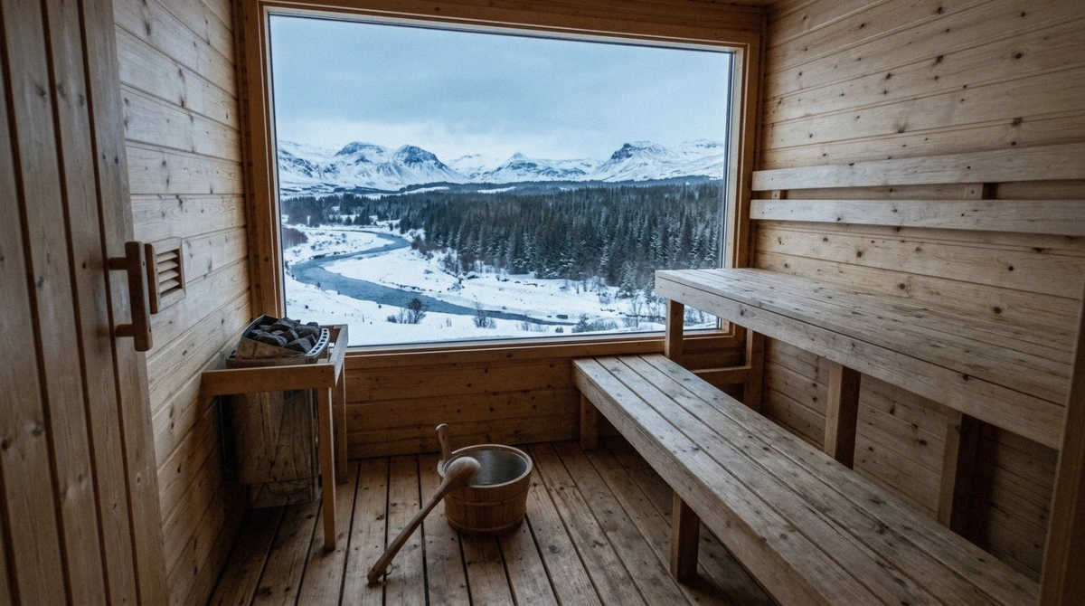 Pine-clad dry sauna with a panoramic window over the snowy river valley at Laugarás Lagoon in South Iceland